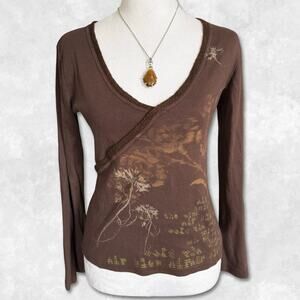 Y2K Euro Brown Graphic Text Cross Front Top Size M-L